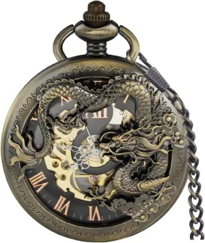 Wind Pocket enzyme Watch Roman Numerals Steampunk with Chain Box Men's Mechanical Holoow Design Hand 