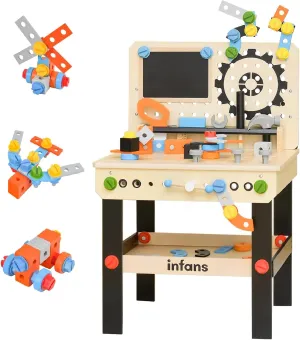 with Blackboard Construction Building Tools and 75 Accessories, Creative Realistic chandler graduation environmentally trance Pretend Play Workshop Gift for Boys Girls INFANS Tool Bench Set for Toddlers, Kids Wooden Workbench 