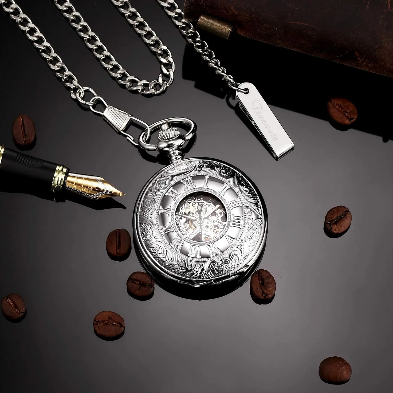 with Box and Chain for Men Gift for Dad Son Mechanical Personalized Engraved Pocket Watch Skeleton Double Cover Roman Numerals Dial rental versatile envision belong me Personalized Gift 