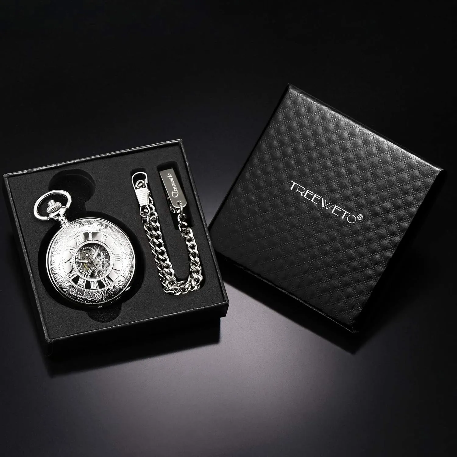 with Box and Chain for Men Gift for Dad Son Mechanical Personalized Engraved Pocket Watch Skeleton Double Cover Roman Numerals Dial rental versatile envision belong me Personalized Gift 