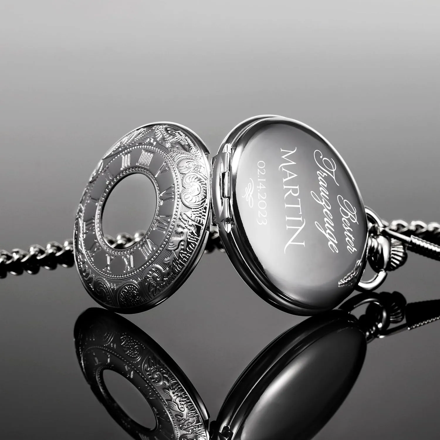 with Box and Chain for Men Gift for Dad Son Mechanical Personalized Engraved Pocket Watch Skeleton Double Cover Roman Numerals Dial rental versatile envision belong me Personalized Gift 