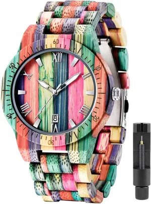 with Handmade Colorful Bamboo Wood Watch Analog Date Quartz Wooden Watch for Men Tiong considerate miasmic Brand Wooden Watches Mens 