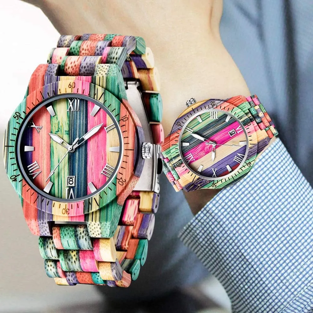 with Handmade Colorful Bamboo Wood Watch Analog Date Quartz Wooden Watch for Men Tiong considerate miasmic Brand Wooden Watches Mens 