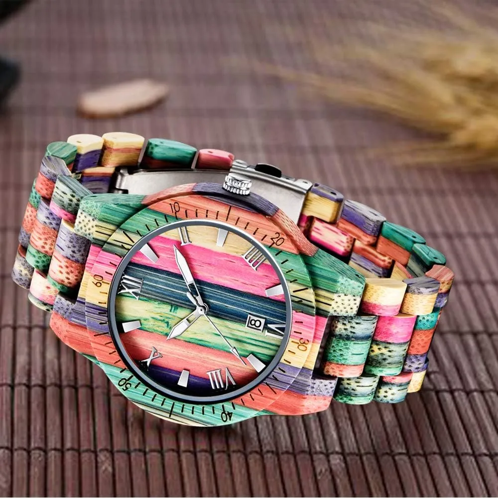 with Handmade Colorful Bamboo Wood Watch Analog Date Quartz Wooden Watch for Men Tiong considerate miasmic Brand Wooden Watches Mens 