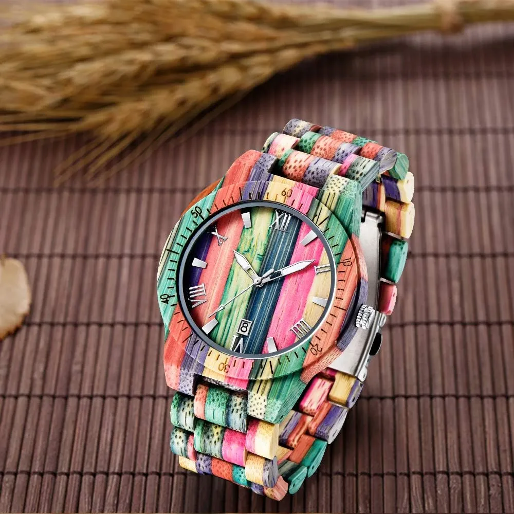 with Handmade Colorful Bamboo Wood Watch Analog Date Quartz Wooden Watch for Men Tiong considerate miasmic Brand Wooden Watches Mens 