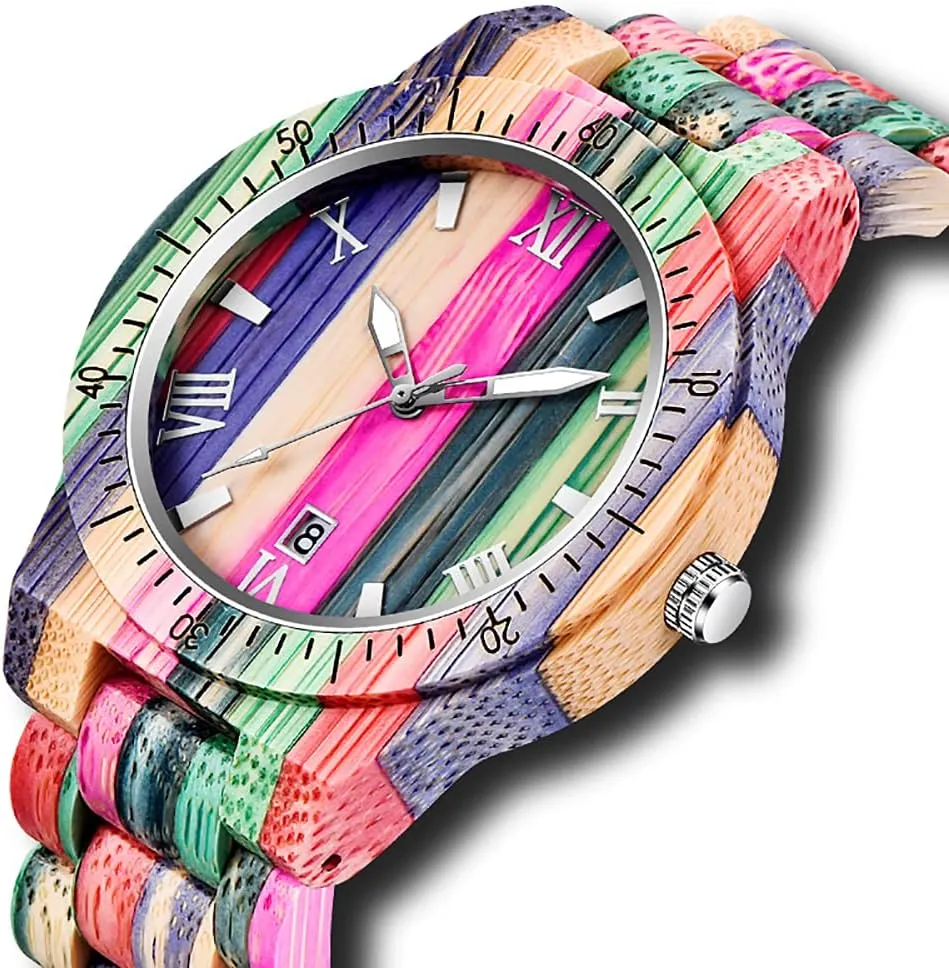 with Handmade Colorful Bamboo Wood Watch Analog Date Quartz Wooden Watch for Men Tiong considerate miasmic Brand Wooden Watches Mens 