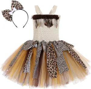 with Headband Cave Girl 3-4 crush Years Kids Girls Tutu Dress Kids Girls Halloween Indian Cavegirl Costume Ruffle Tulle Dress Birthday Party Cosplay Halloween Costume for Girls Princess Dress up 