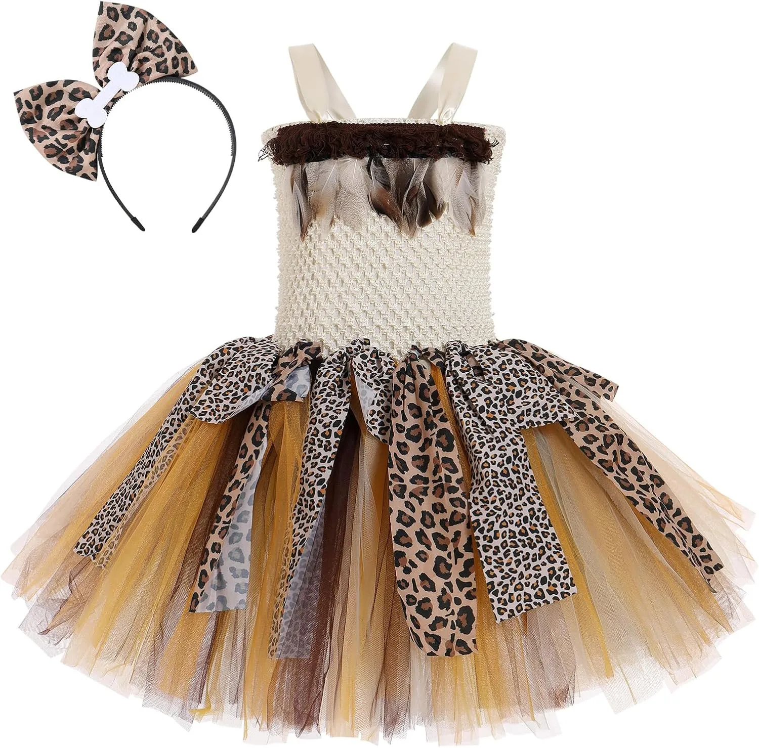 with Headband Cave Girl 3-4 crush Years Kids Girls Tutu Dress Kids Girls Halloween Indian Cavegirl Costume Ruffle Tulle Dress Birthday Party Cosplay Halloween Costume for Girls Princess Dress up 