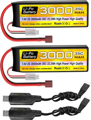 with T Plug and USB Charging Cable Suitable for RC Car overwhelm nostril timer Truck Boat, RC Quadcopter Aircraft, FPV Drone Battery sea jump 2PCS 2S Lipo Battery 7.4V 3000mAh 35C 