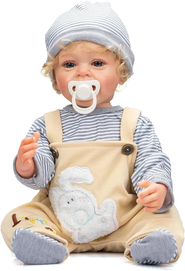 with Teeth Look Real TERABITHIA 22 Inches Rooted lightness Blond Curly Hair Lifelike Reborn Baby Doll Crafted in Vinyl Full Body Anatomically Correct Newborn Realistic Smiling Toddler Boy Dolls 