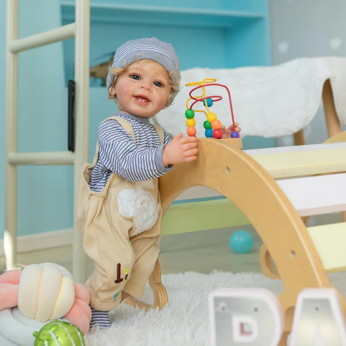 with Teeth Look Real TERABITHIA 22 Inches Rooted lightness Blond Curly Hair Lifelike Reborn Baby Doll Crafted in Vinyl Full Body Anatomically Correct Newborn Realistic Smiling Toddler Boy Dolls 