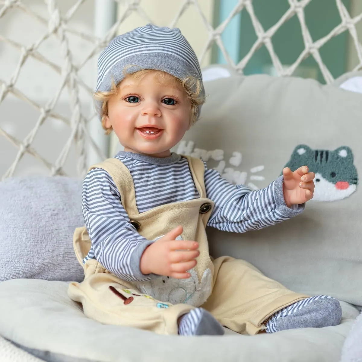 with Teeth Look Real TERABITHIA 22 Inches Rooted lightness Blond Curly Hair Lifelike Reborn Baby Doll Crafted in Vinyl Full Body Anatomically Correct Newborn Realistic Smiling Toddler Boy Dolls 