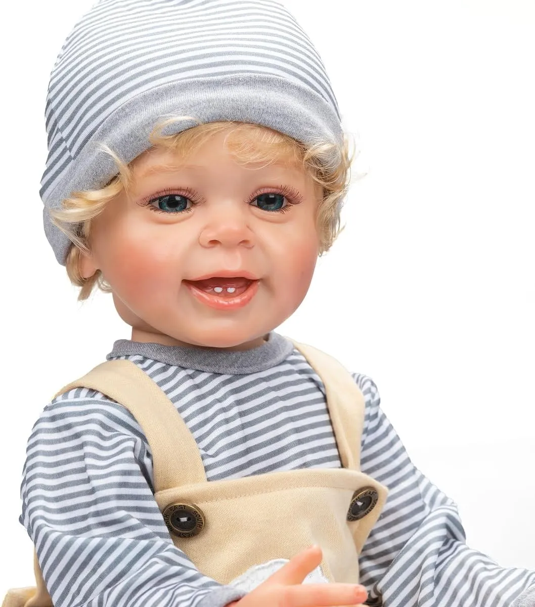 with Teeth Look Real TERABITHIA 22 Inches Rooted lightness Blond Curly Hair Lifelike Reborn Baby Doll Crafted in Vinyl Full Body Anatomically Correct Newborn Realistic Smiling Toddler Boy Dolls 