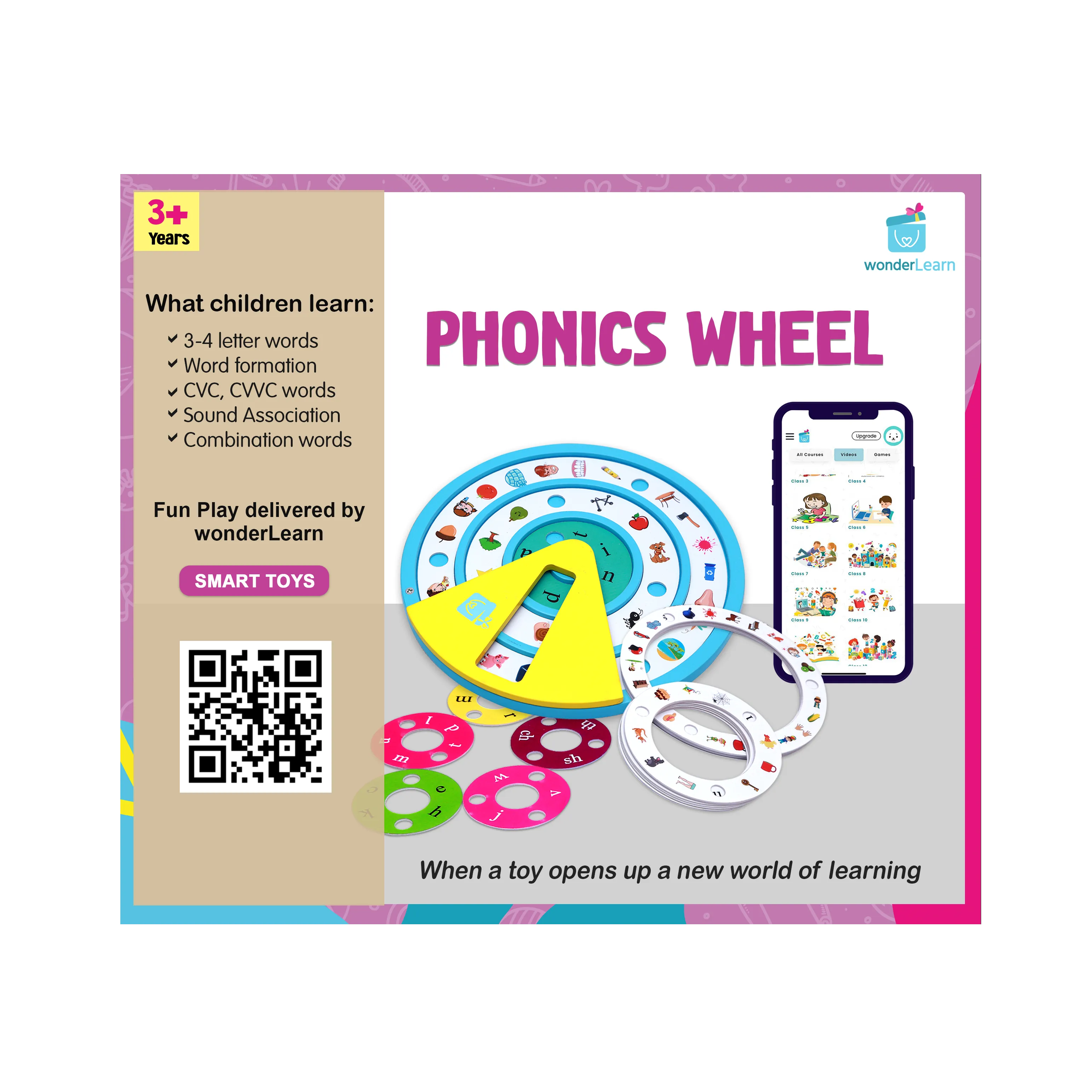 wonderLearn Jolly Phonics Wheel with Talking Flash Cards Intermediate- (GOULFB) | Diagraphs, Sound Clips, Phonics Flash Cards | Phonics Learning Toy For 3  Years