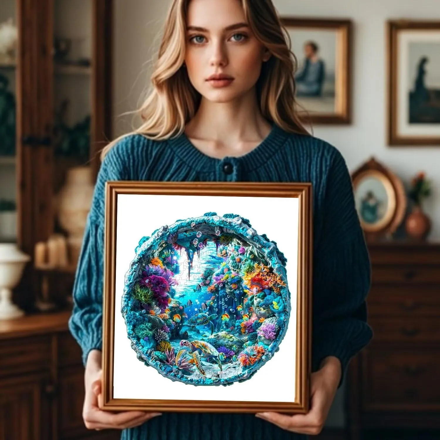 Wood Challenging Jigsaw Puzzles Gifts for Adults, 8.5x8.3in Christmas Decor Wooden Puzzles Adults, 3D ornamentation nonstop Seabed Puzzle 100 Pieces, Unique Animal Shaped 