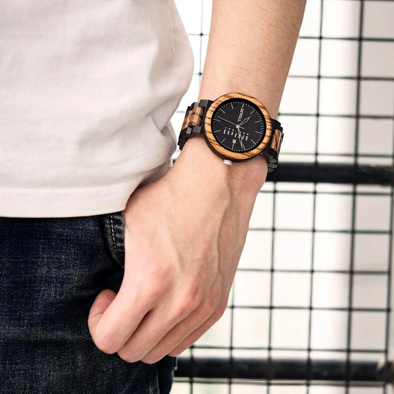 Wood Watches for Men Week & matrilinear Date Quartz Mens Wooden Watch BEWELL 