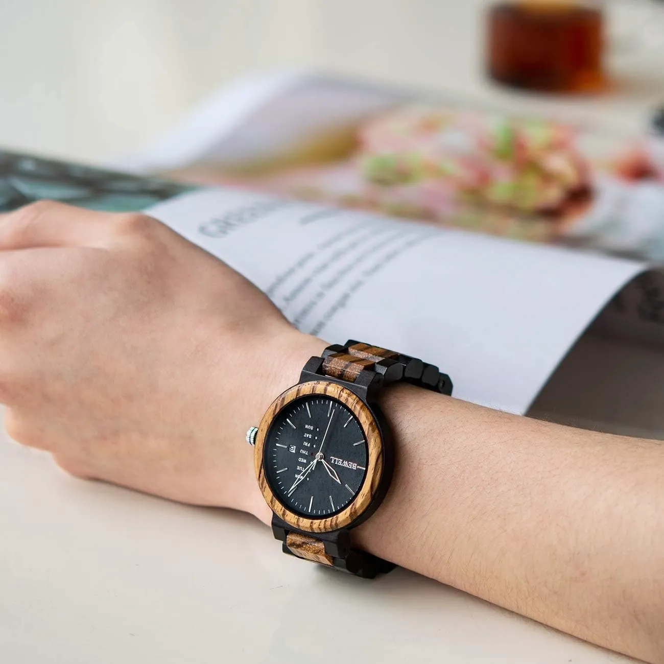 Wood Watches for Men Week & matrilinear Date Quartz Mens Wooden Watch BEWELL 