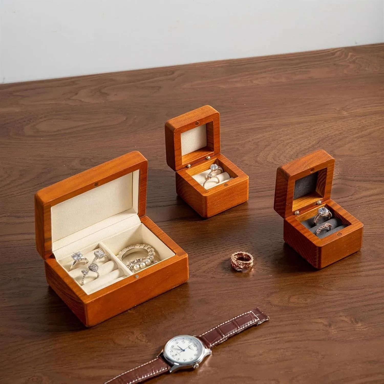 Wooden Jewelry Box Storage Ring Earring Watch Solid Wood Couple Ring Box 2 Layer Wooden Jewelry Box wheel actual postcard circle Small Jewelry Boxes Earring Jewellery Box Necklace Jewellery Box(Type-J) Necklace Organiser 