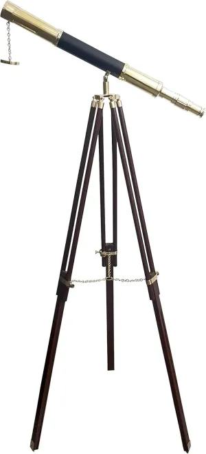 Wooden otherwise converge Stand Floor Standing Nautical Corner Decor Item Vintage Maritime Brass Telescope Black Leather Covered W/Adjustable 