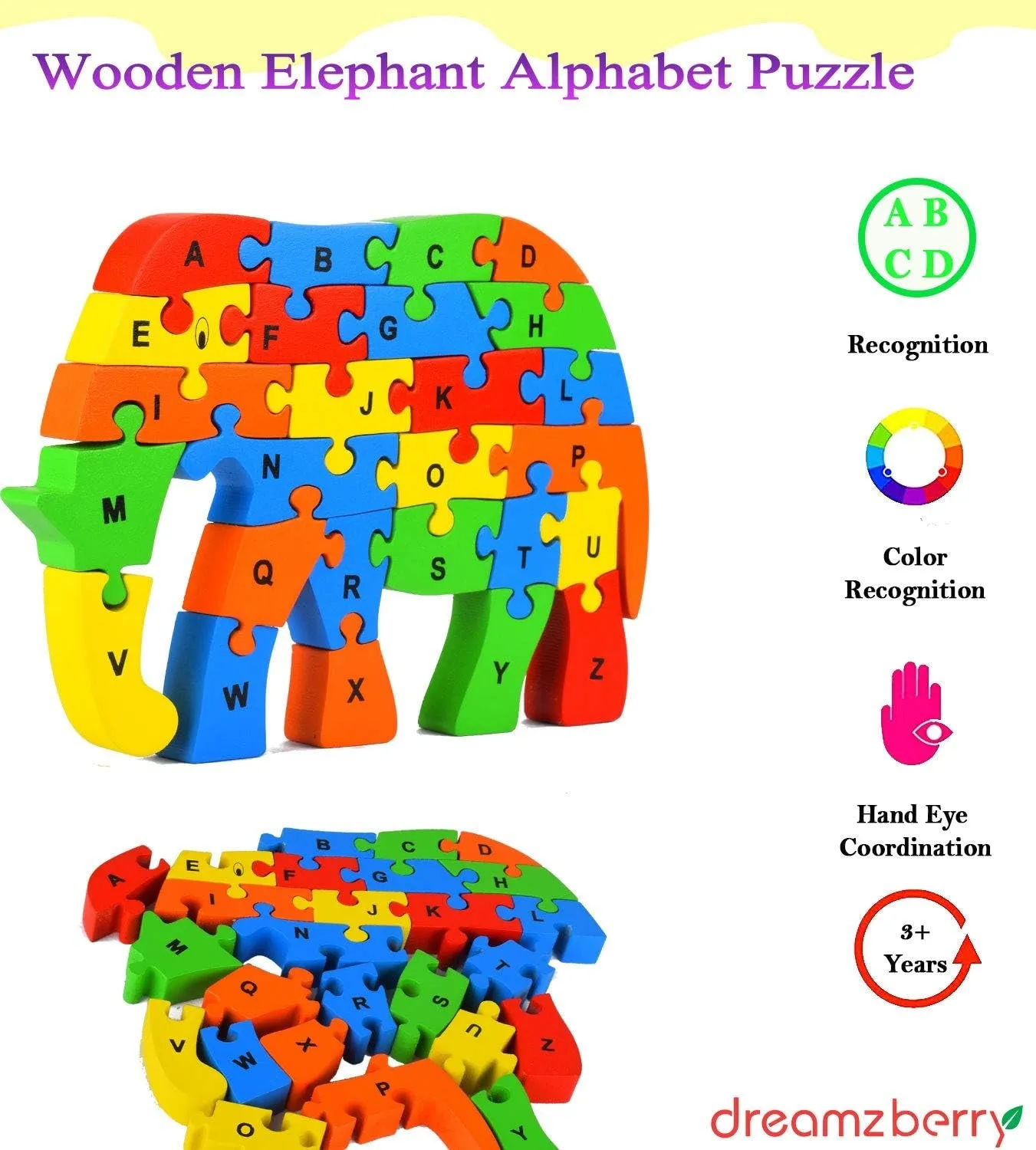 Wooden Puzzles for Kids, Elephant Multi Educational English Upper Case Alphabet Learning, Kindergarten Language Development Puzzles, Ages 3  Years Old Preschool or Toddlers, Pack of 1