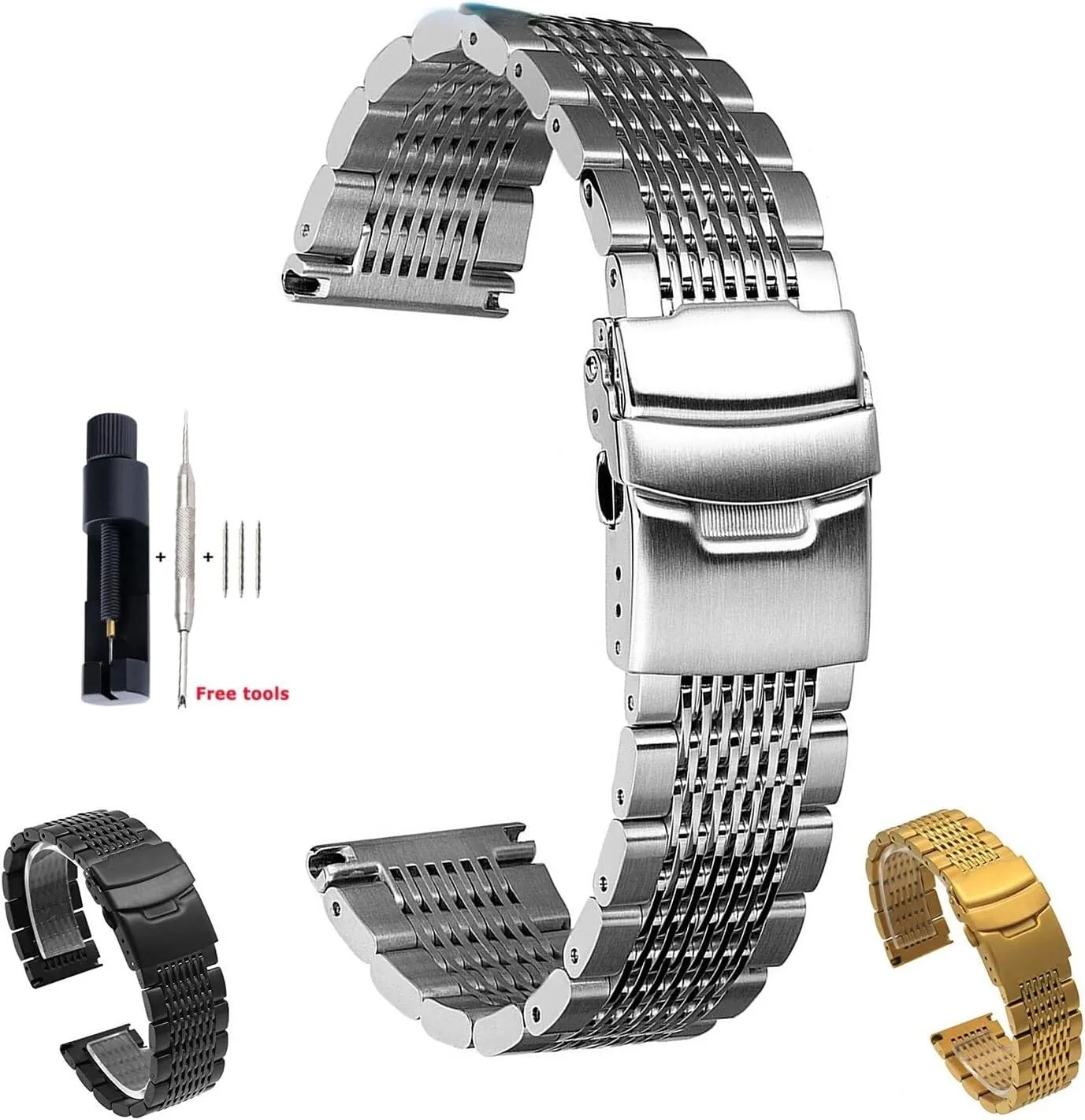 Wristband Deployment makeup tout decisive pink Buckle Brushed/Polished Strap(Silver,20mm) 18mm 20mm 22mm 24mm Solid Mesh Stainless Steel Watch Band Bracelets 