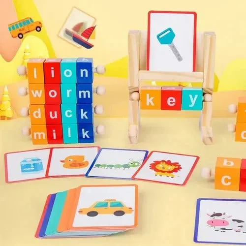 Wudly - Wooden Spelling Words Game , Spinning Wooden Phonics Toys, Spelling and Reading Blocks, Spelling Games, Alphabet Wordcraft Toy with CVC Flashcards, Educational Toys For 3  Years Kids, Multi Colors, Child Safe Certified