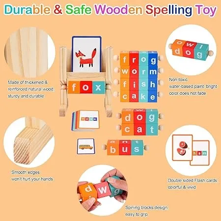 Wudly - Wooden Spelling Words Game , Spinning Wooden Phonics Toys, Spelling and Reading Blocks, Spelling Games, Alphabet Wordcraft Toy with CVC Flashcards, Educational Toys For 3  Years Kids, Multi Colors, Child Safe Certified