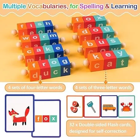Wudly - Wooden Spelling Words Game , Spinning Wooden Phonics Toys, Spelling and Reading Blocks, Spelling Games, Alphabet Wordcraft Toy with CVC Flashcards, Educational Toys For 3  Years Kids, Multi Colors, Child Safe Certified