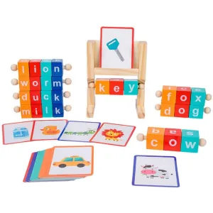 Wudly - Wooden Spelling Words Game , Spinning Wooden Phonics Toys, Spelling and Reading Blocks, Spelling Games, Alphabet Wordcraft Toy with CVC Flashcards, Educational Toys For 3  Years Kids, Multi Colors, Child Safe Certified