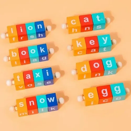 Wudly - Wooden Spelling Words Game , Spinning Wooden Phonics Toys, Spelling and Reading Blocks, Spelling Games, Alphabet Wordcraft Toy with CVC Flashcards, Educational Toys For 3  Years Kids, Multi Colors, Child Safe Certified