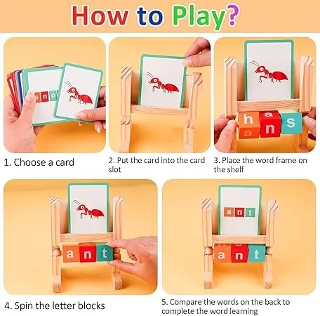 Wudly - Wooden Spelling Words Game , Spinning Wooden Phonics Toys, Spelling and Reading Blocks, Spelling Games, Alphabet Wordcraft Toy with CVC Flashcards, Educational Toys For 3  Years Kids, Multi Colors, Child Safe Certified