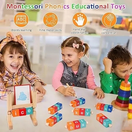 Wudly - Wooden Spelling Words Game , Spinning Wooden Phonics Toys, Spelling and Reading Blocks, Spelling Games, Alphabet Wordcraft Toy with CVC Flashcards, Educational Toys For 3  Years Kids, Multi Colors, Child Safe Certified