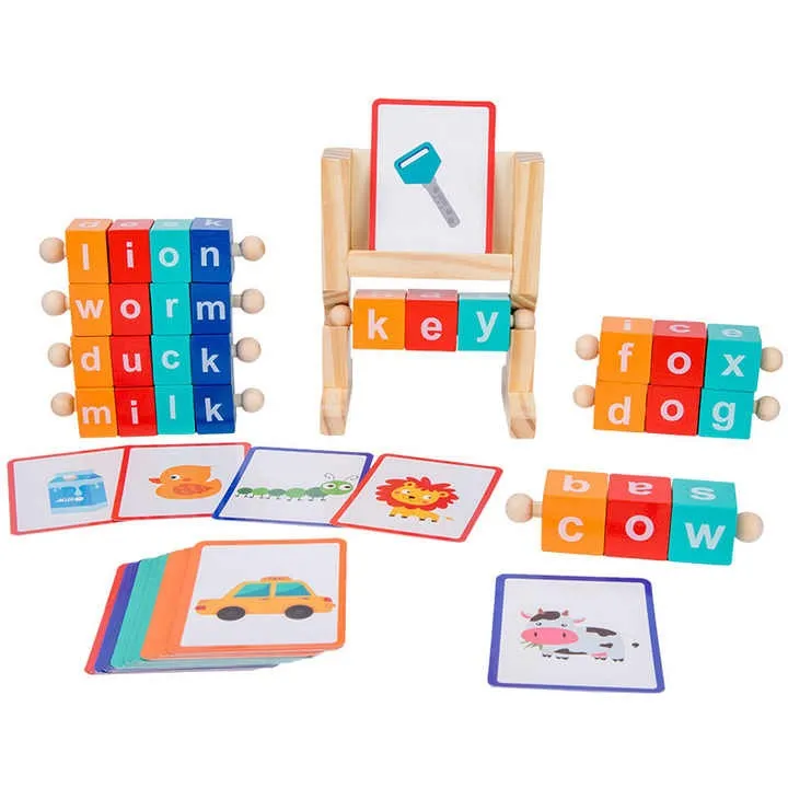 Wudly - Wooden Spelling Words Game , Spinning Wooden Phonics Toys, Spelling and Reading Blocks, Spelling Games, Alphabet Wordcraft Toy with CVC Flashcards, Educational Toys For 3  Years Kids, Multi Colors, Child Safe Certified